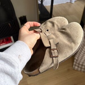 Birkenstock Suede Clogs in Taupe Brown